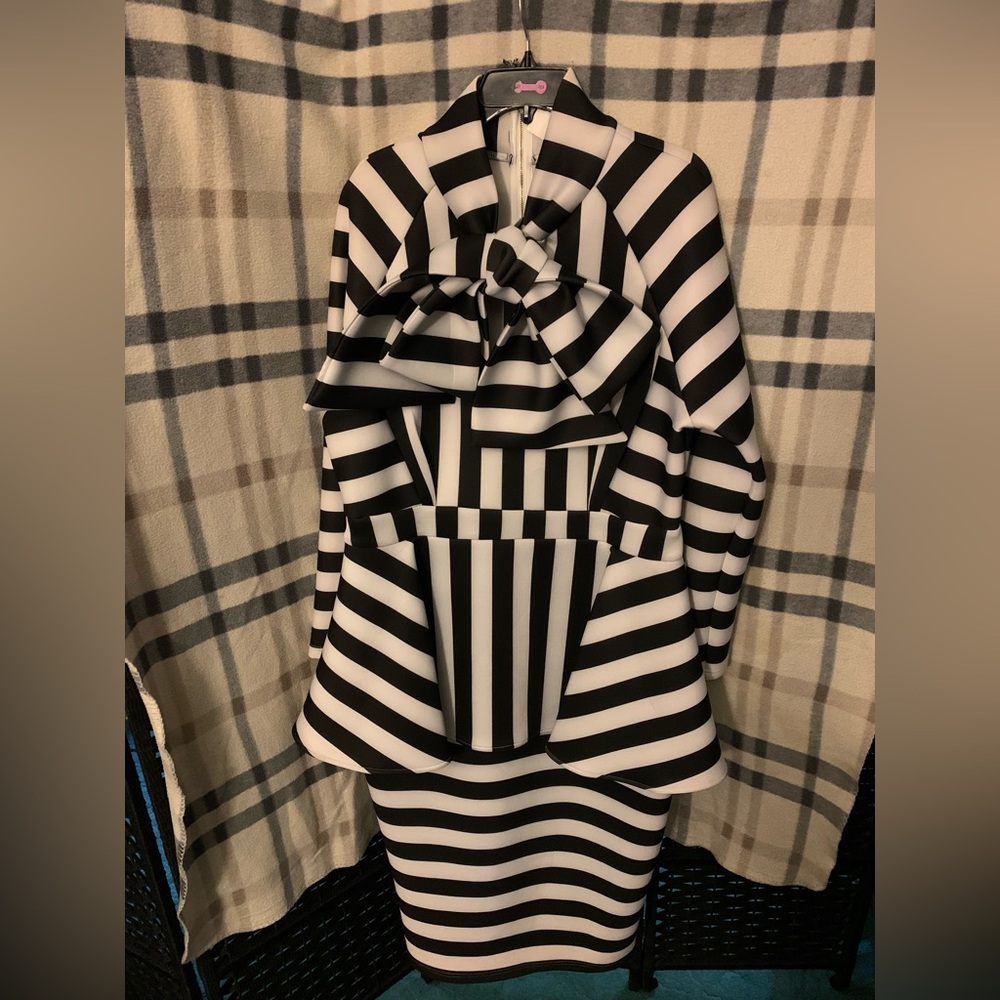 Black and white striped, boss chic style dress.